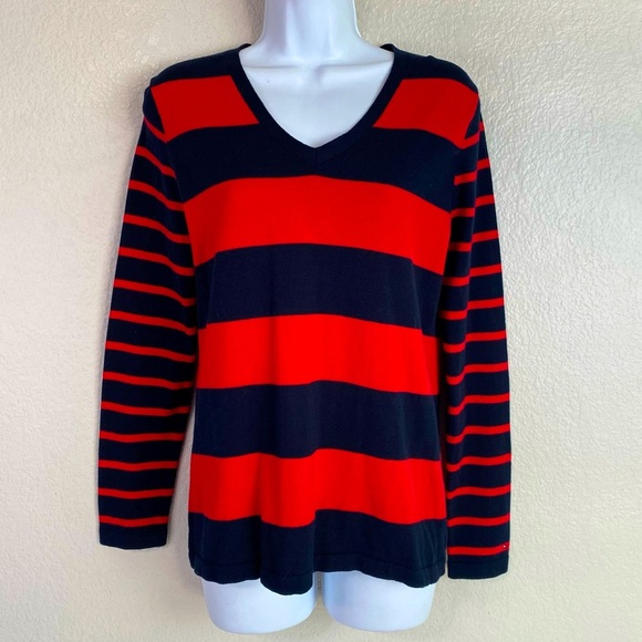 Tommy Hilfiger Ivy V Neck Red/Navy Striped Sweater Size M - Picture 1 of 8